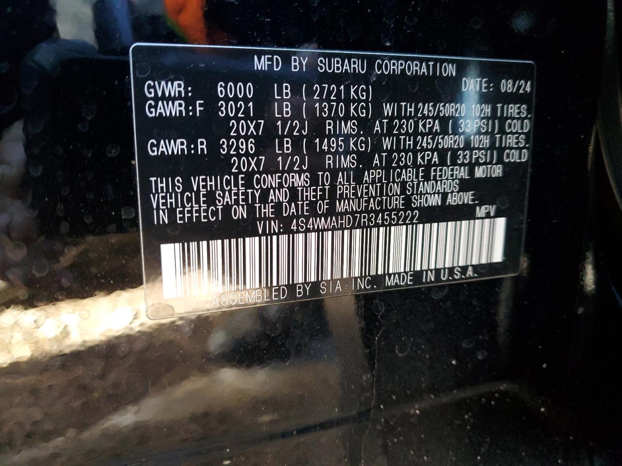 2024 SUBARU ASCENT ONYX EDITION VIN:4S4WMAHD7R3455222