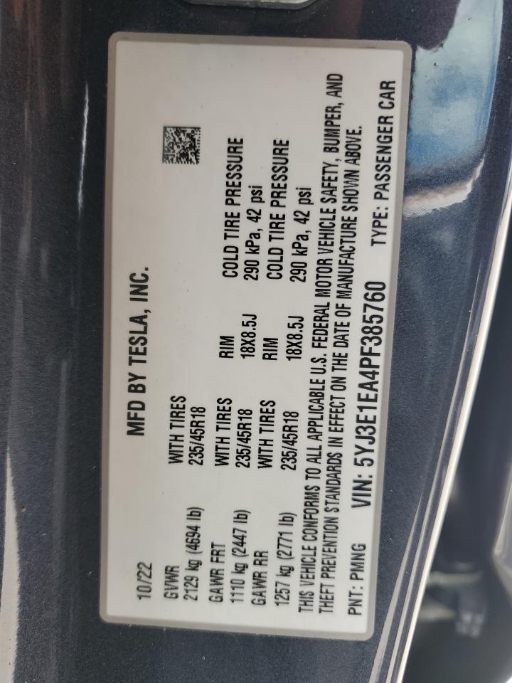 2023 TESLA MODEL 3 VIN:5YJ3E1EA4PF385760