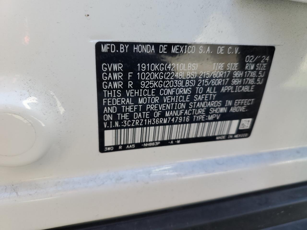 2024 HONDA HR-V LX VIN:3CZRZ1H36RM747916