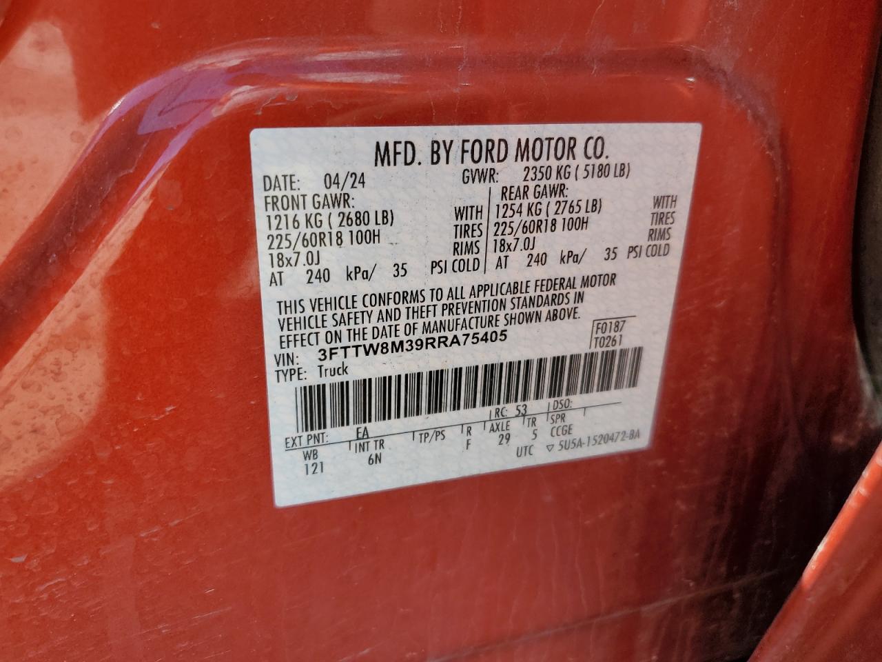 2024 FORD MAVERICK LARIAT VIN:3FTTW8M39RRA75405