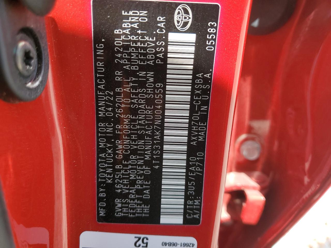 2022 TOYOTA CAMRY NIGHT SHADE VIN:4T1S31AK7NU040559