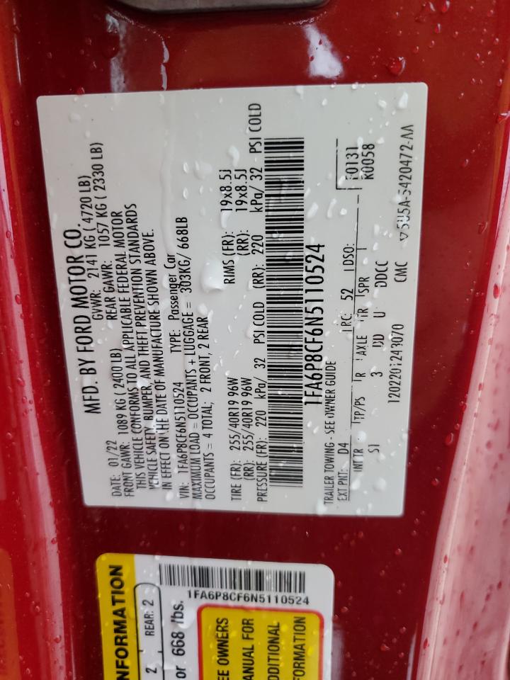 2022 FORD MUSTANG GT VIN:1FA6P8CF6N5110524