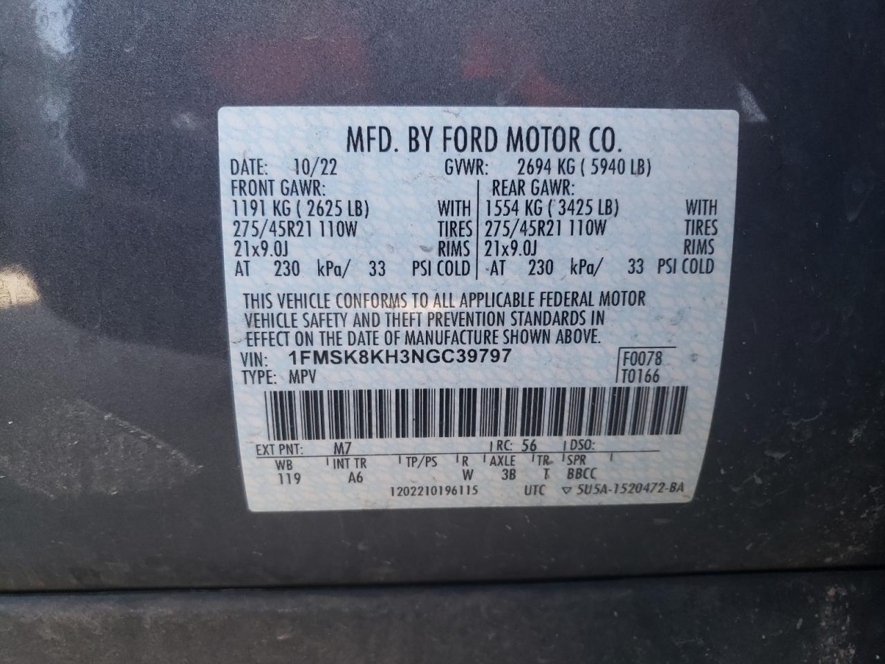 2022 FORD EXPLORER ST-LINE VIN:1FMSK8KH3NGC39797