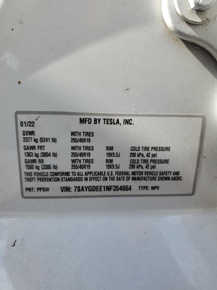 2022 TESLA MODEL Y VIN:7SAYGDEE1NF354664