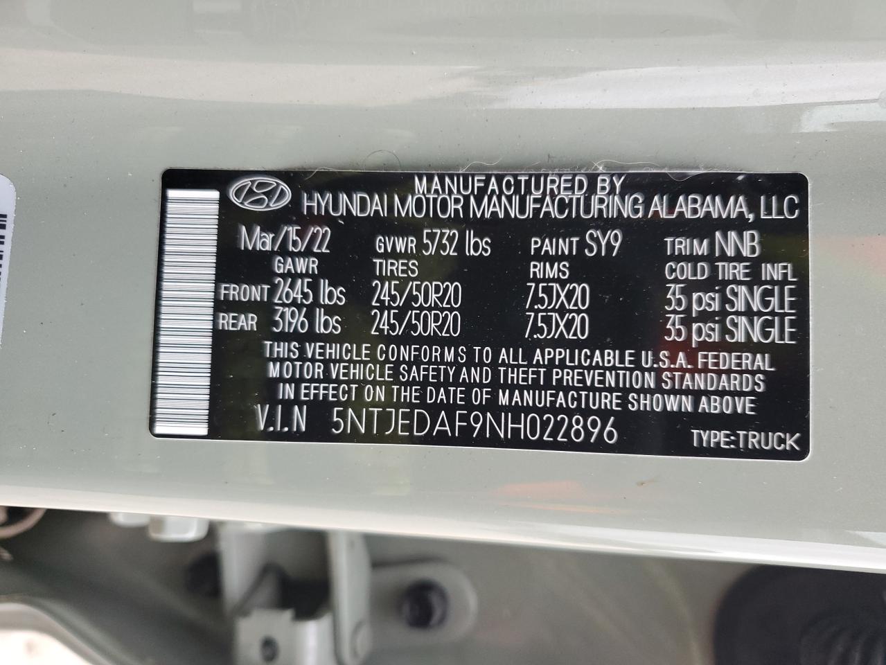 2022 HYUNDAI SANTA CRUZ LIMITED VIN:5NTJEDAF9NH022896