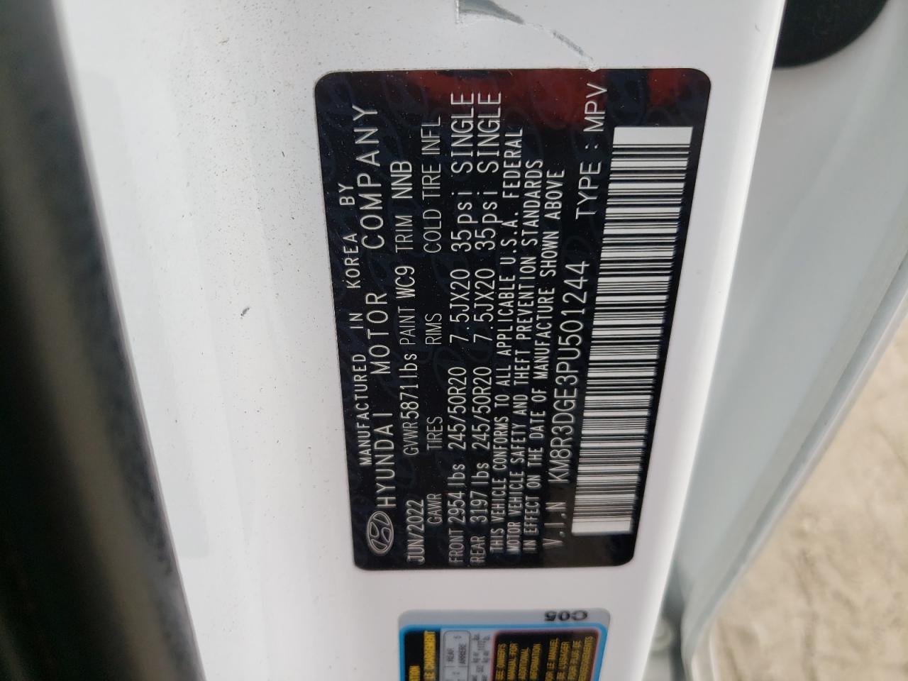 2023 HYUNDAI PALISADE XRT VIN:KM8R3DGE3PU501244