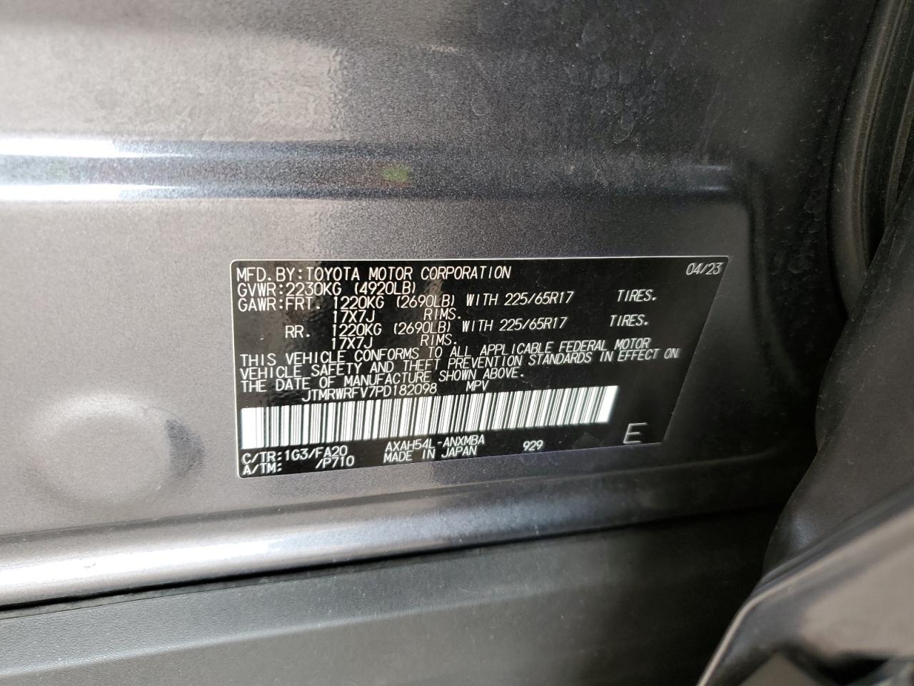 2023 TOYOTA RAV4 XLE VIN:JTMRWRFV7PD182098