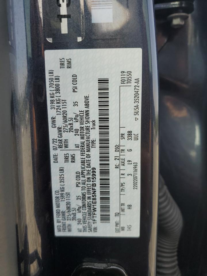 2022 FORD F150 SUPERCREW VIN:1FTFW1E85NFB15999