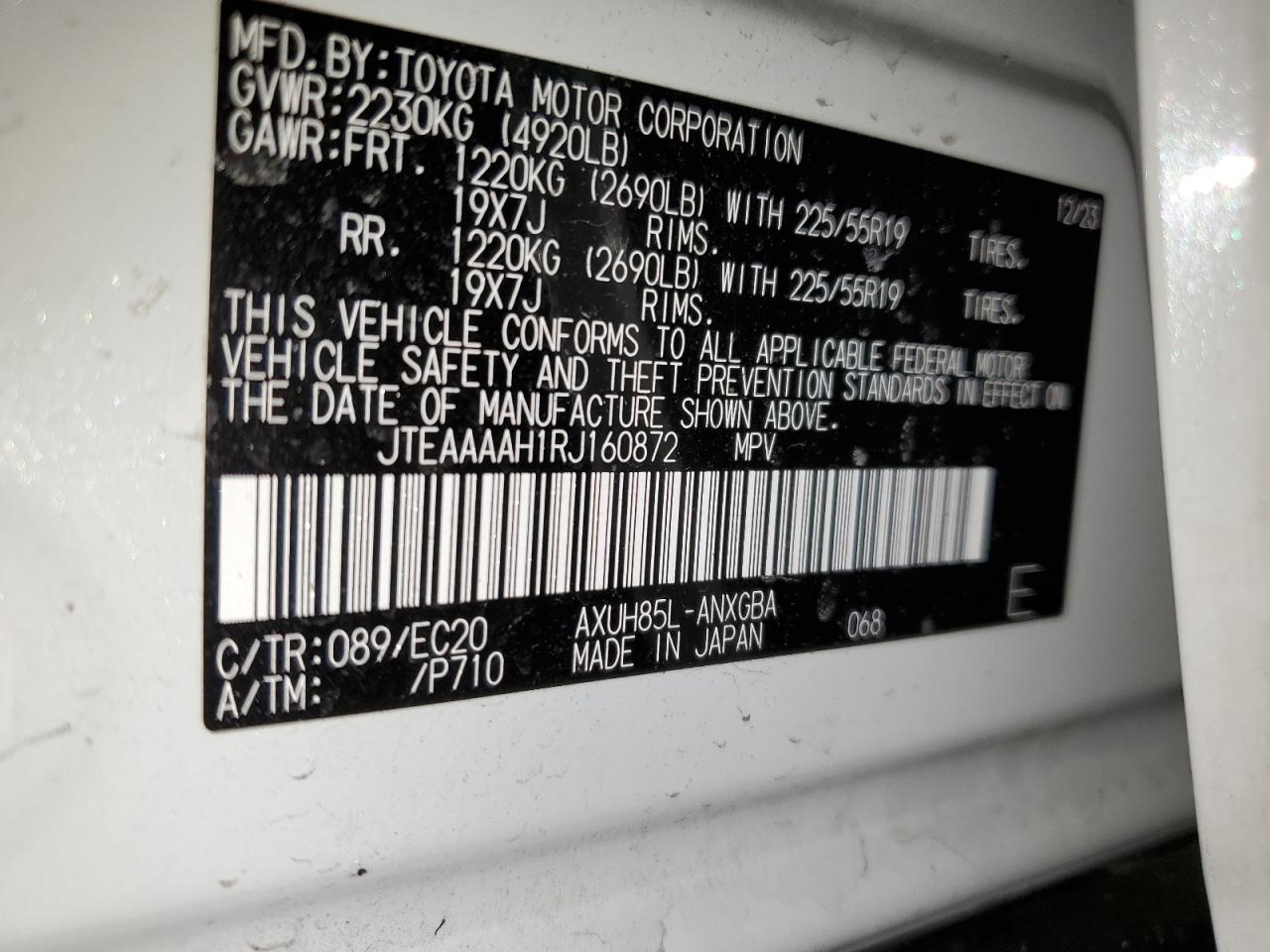 2024 TOYOTA VENZA LE VIN:JTEAAAAH1RJ160872