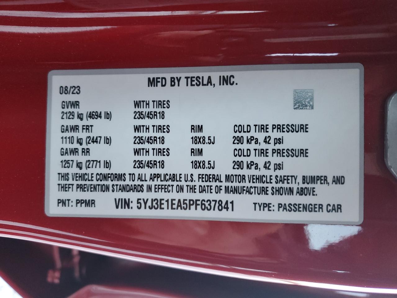 2023 TESLA MODEL 3 VIN:1FT7W2BT1CEA55726
