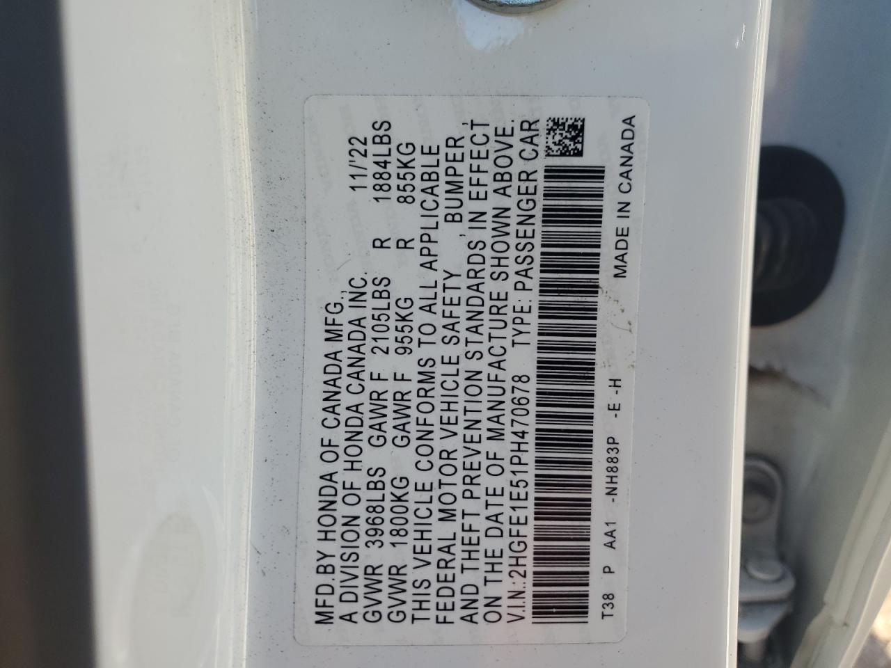 2023 HONDA CIVIC SI VIN:2HGFE1E51PH470678