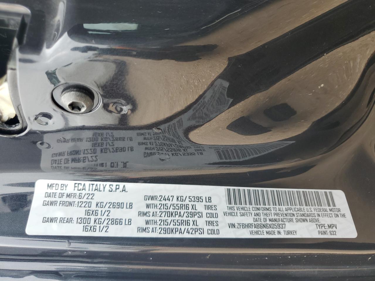 2022 RAM PROMASTER CITY TRADESMAN VIN:ZFBHRFAB6N6X05937