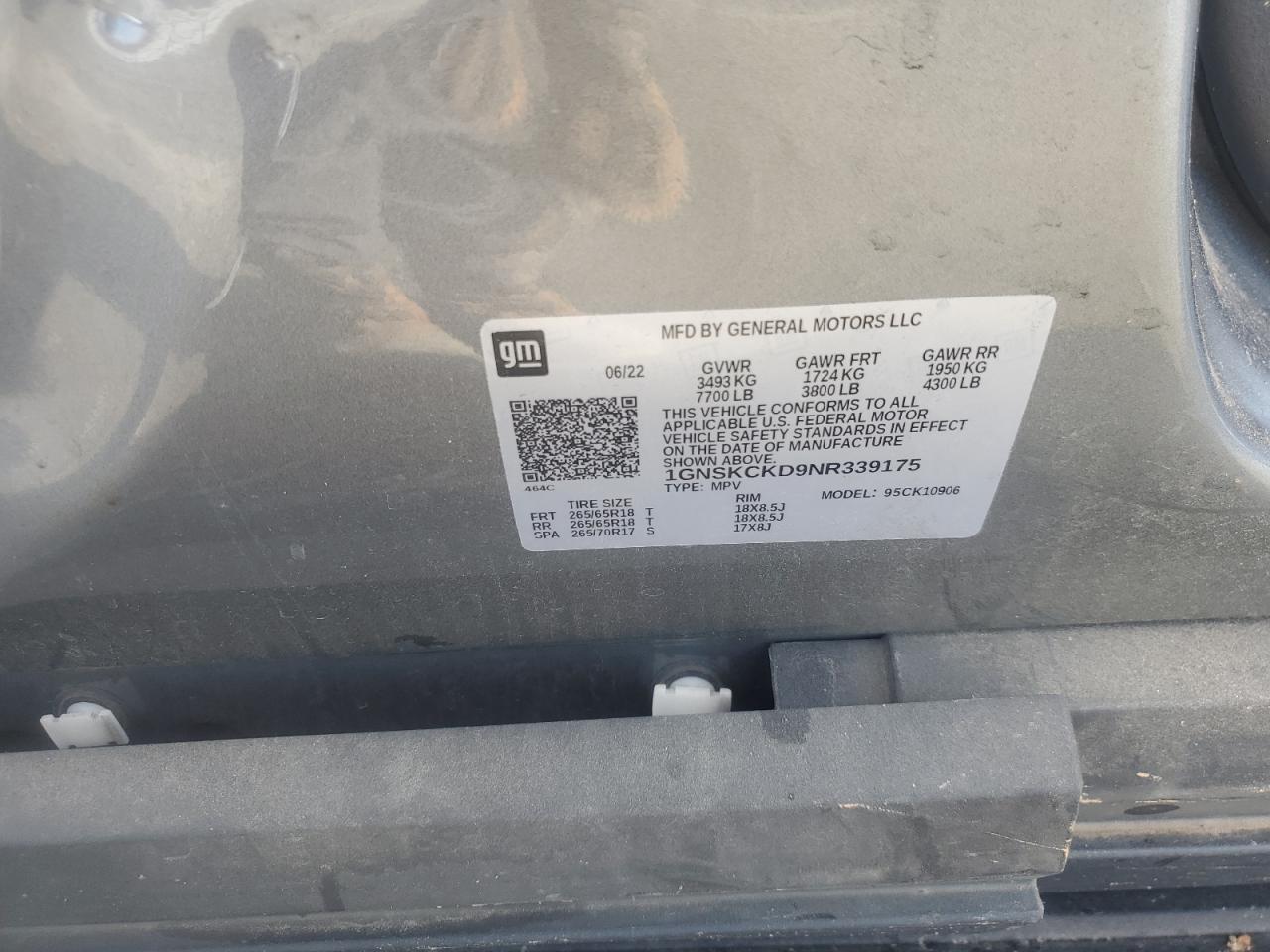 2022 CHEVROLET SUBURBAN K1500 LT VIN:1GNSKCKD9NR339175