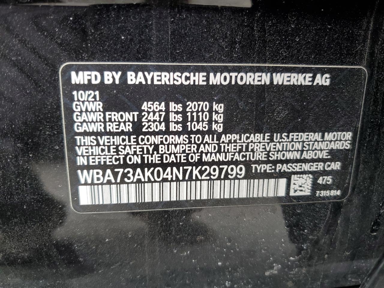 2022 BMW 228XI VIN:WBA73AK04N7K29799