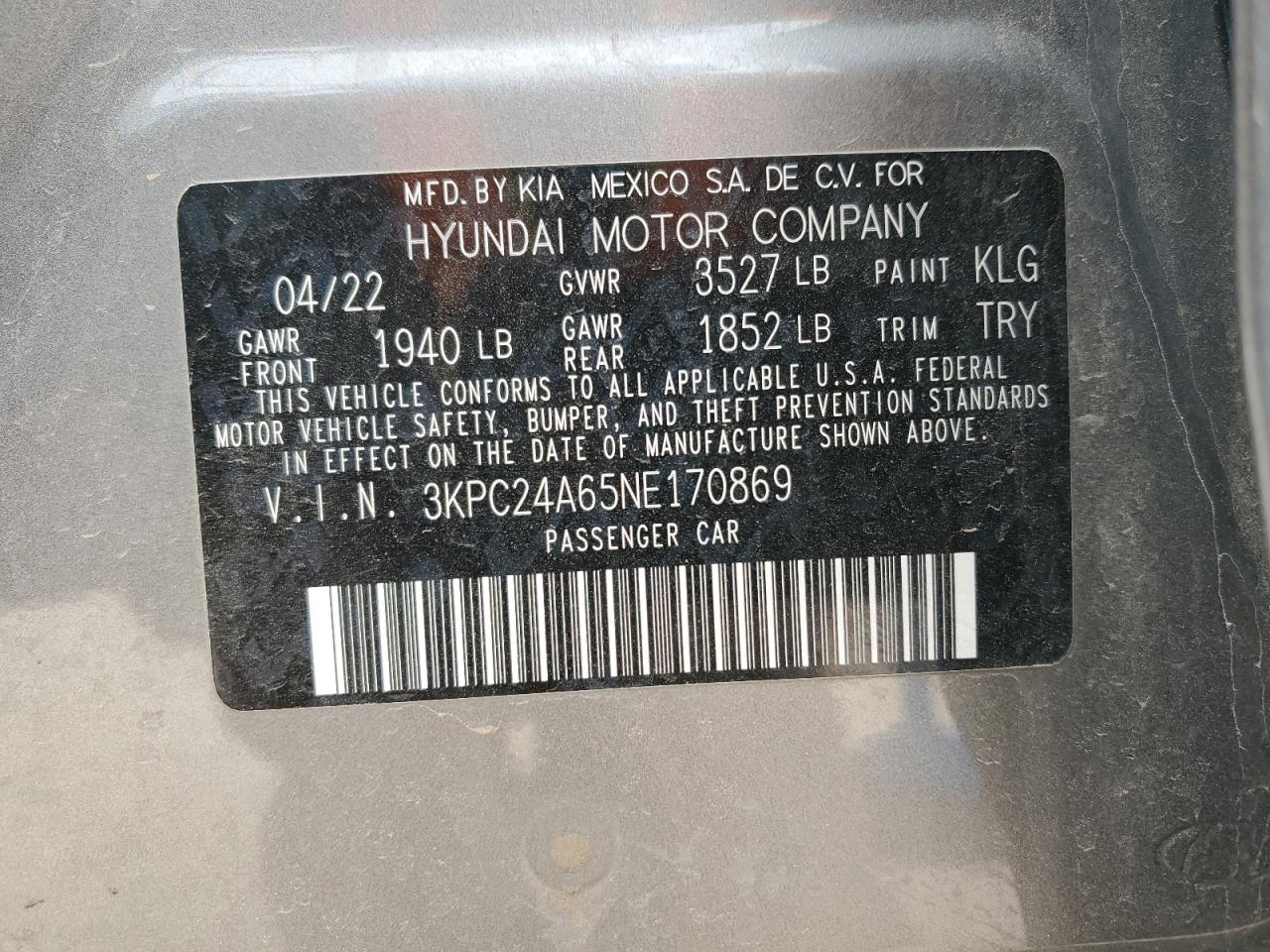 2022 HYUNDAI ACCENT SE VIN:3KPC24A65NE170869