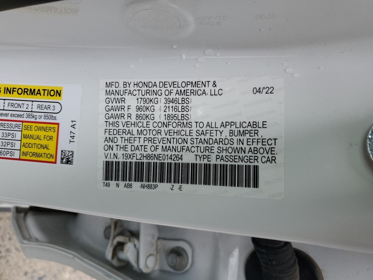 2022 HONDA CIVIC SPORT VIN:19XFL2H86NE014264