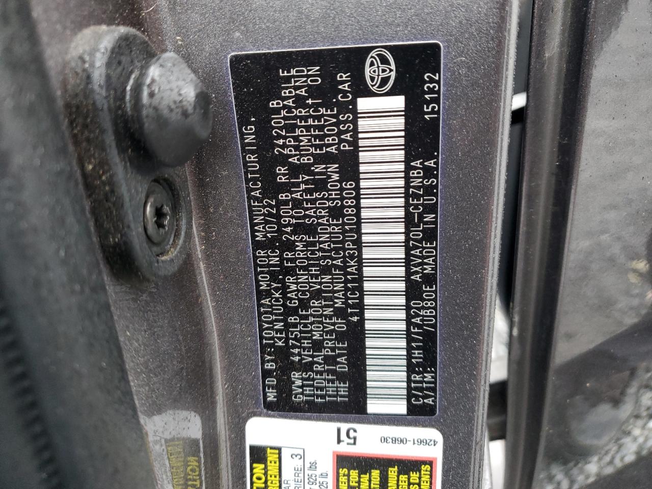 2023 TOYOTA CAMRY LE VIN:4T1C11AK3PU108806
