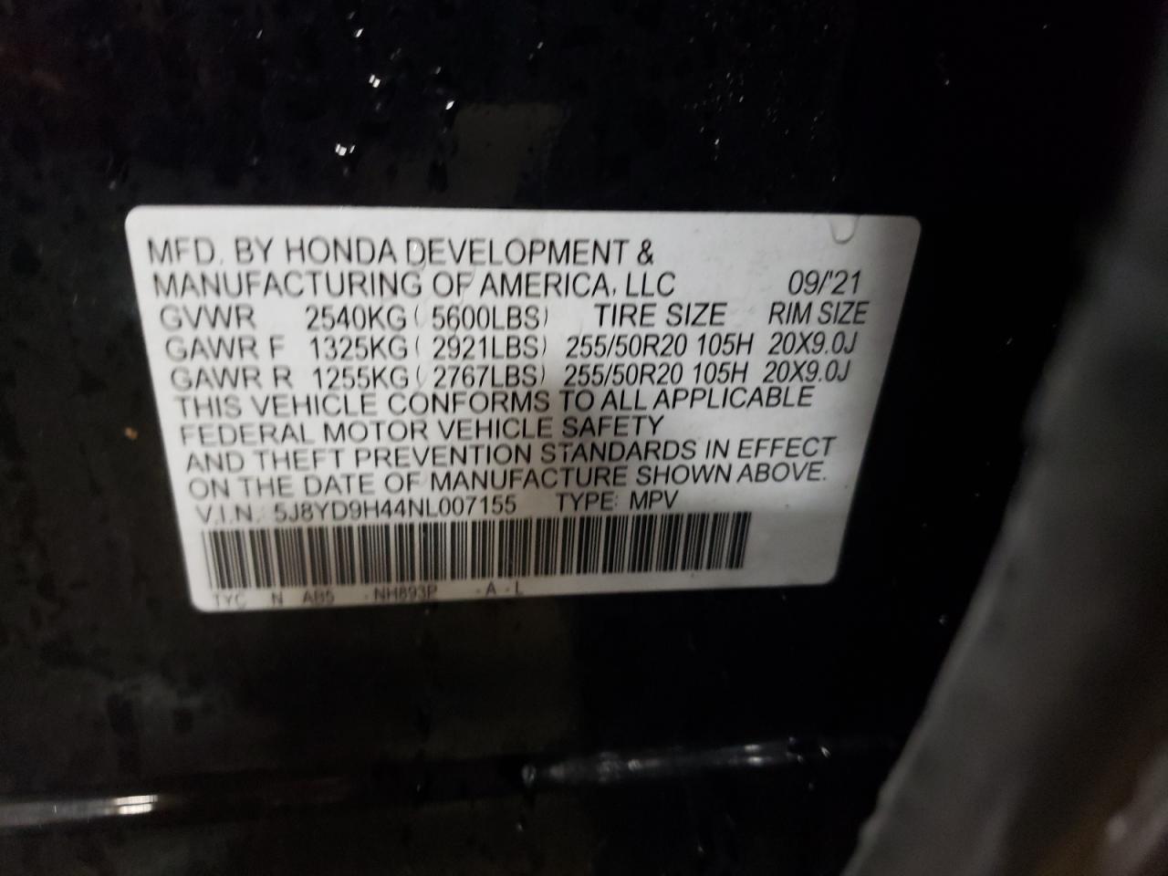 2022 ACURA MDX TECHNOLOGY VIN:5J8YD9H44NL007155