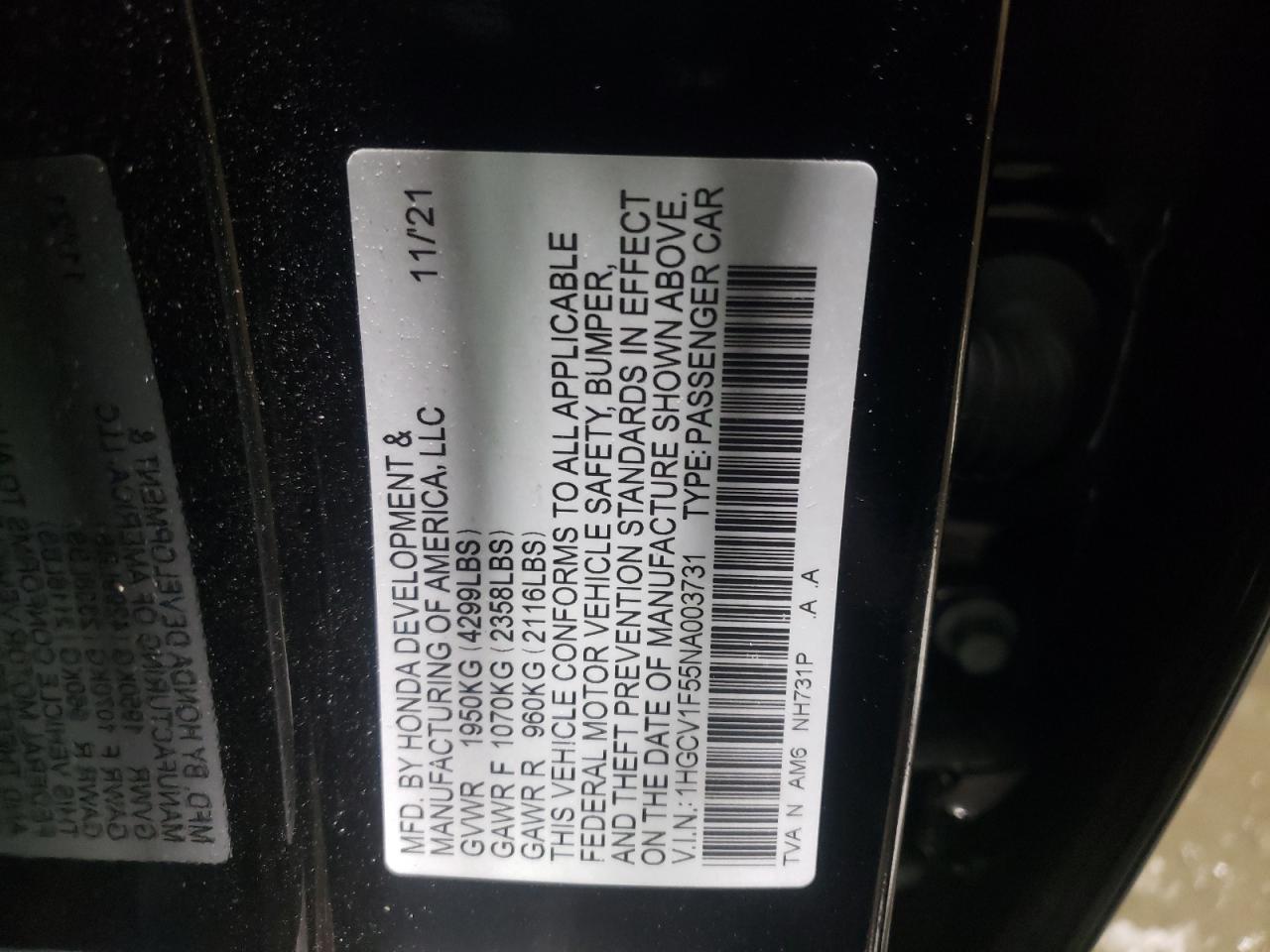 2022 HONDA ACCORD EXL VIN:1HGCV1F55NA003731