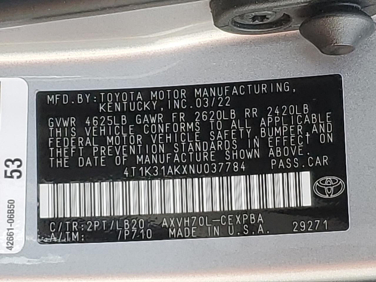 2022 TOYOTA CAMRY XSE VIN:4T1K31AKXNU037784