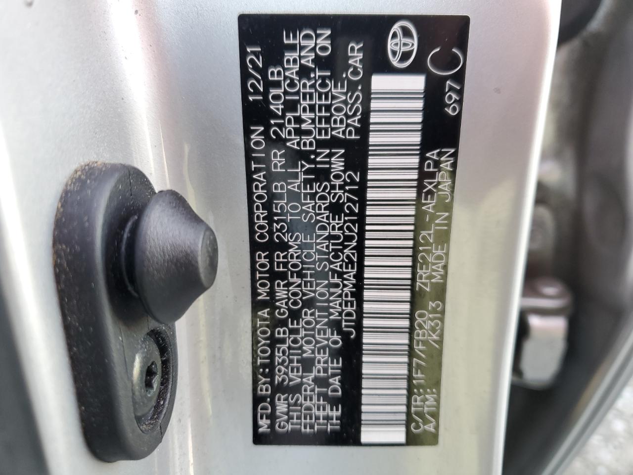 2022 TOYOTA COROLLA LE VIN:JTDEPMAE2NJ212712