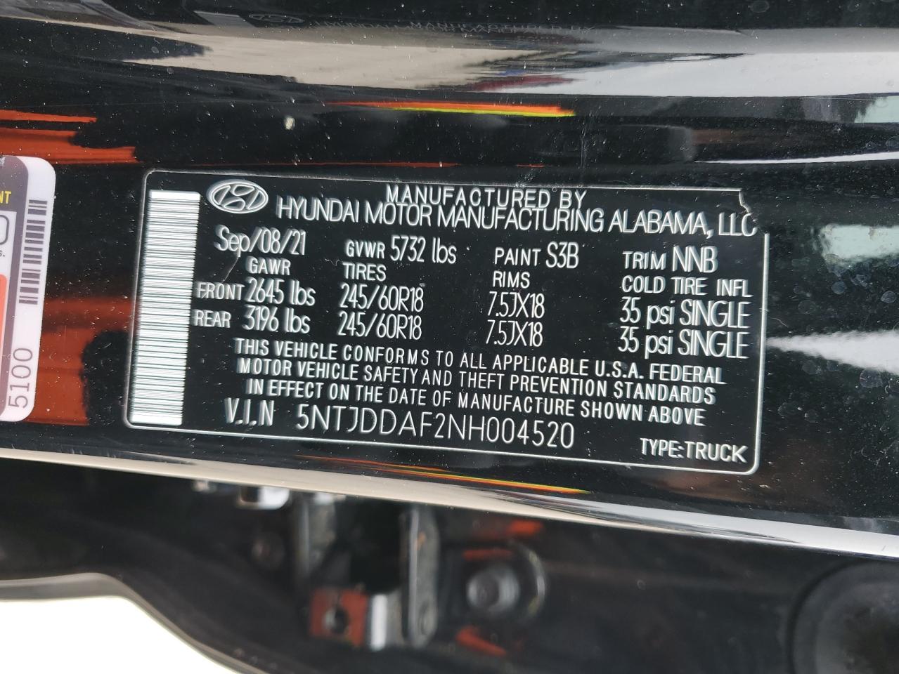 2022 HYUNDAI SANTA CRUZ SEL PREMIUM VIN:5NTJDDAF2NH004520