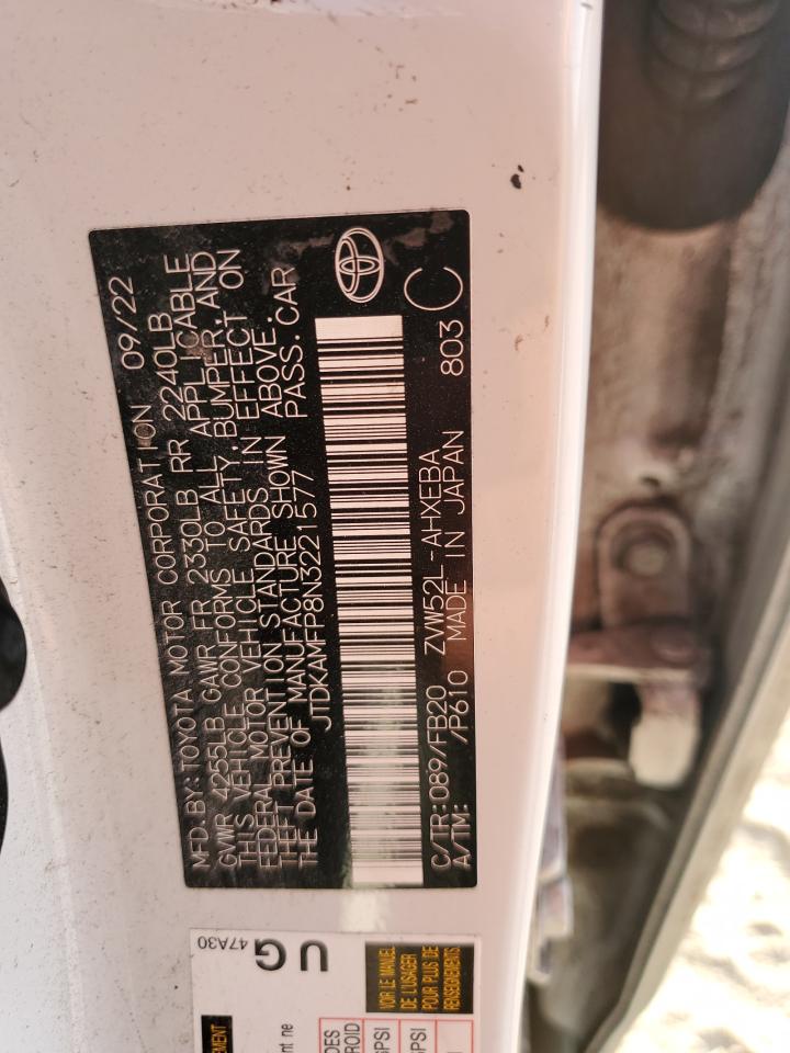 2022 TOYOTA PRIUS PRIME LE VIN:JTDKAMFP8N3221577
