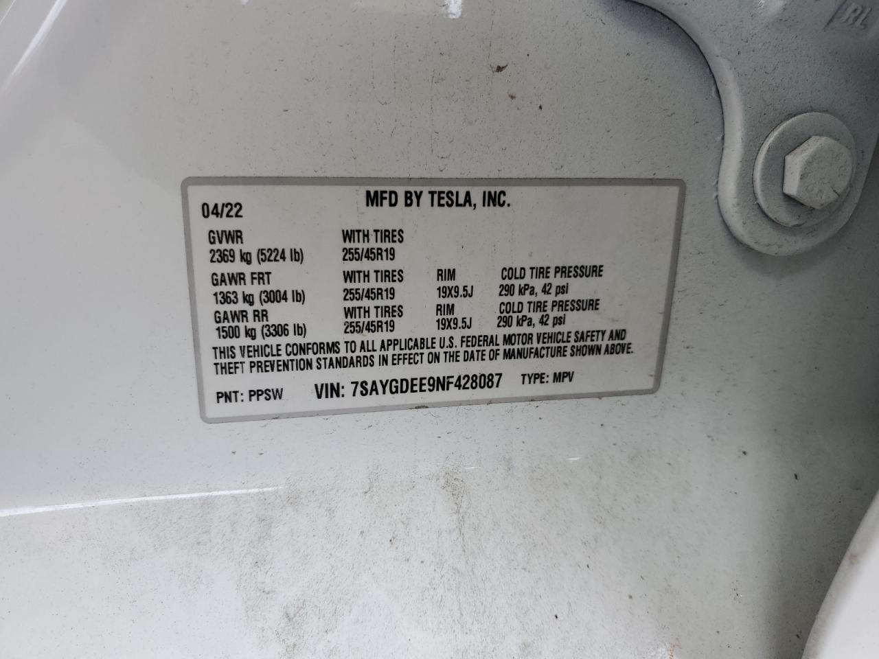 2022 TESLA MODEL Y VIN:7SAYGDEE9NF428087