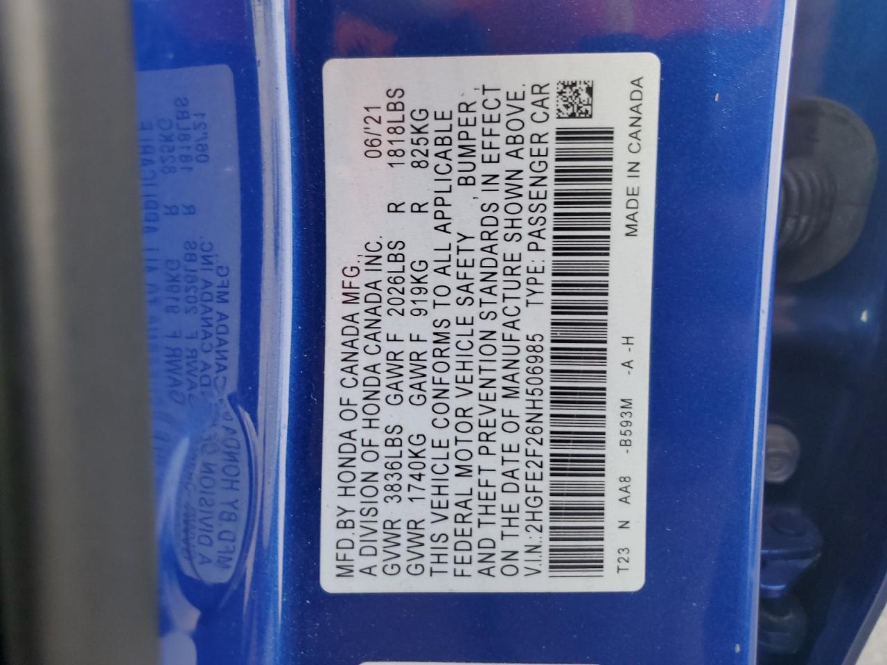 2022 HONDA CIVIC LX VIN:2HGFE2F26NH506985