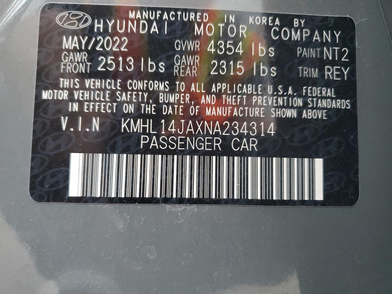 2022 HYUNDAI SONATA SEL VIN:KMHL14JAXNA234314