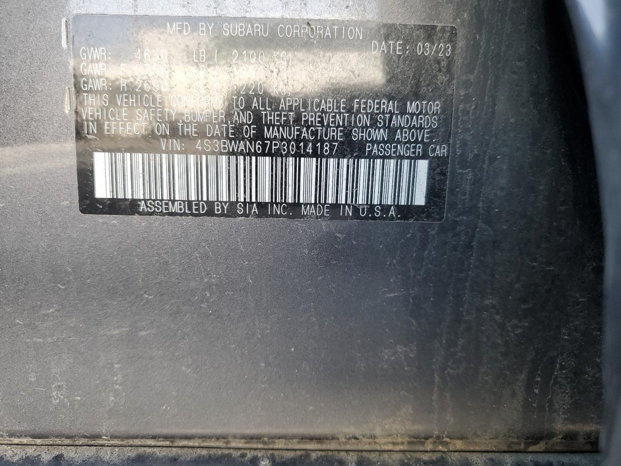 2023 SUBARU LEGACY LIMITED VIN:4S3BWAN67P3014187