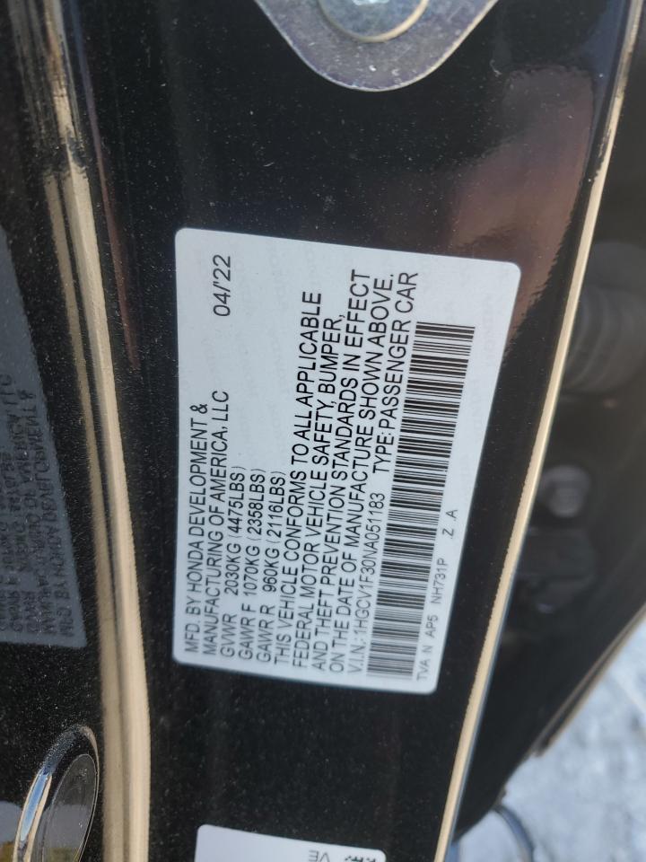 2022 HONDA ACCORD SPORT VIN:1HGCV1F30NA051183