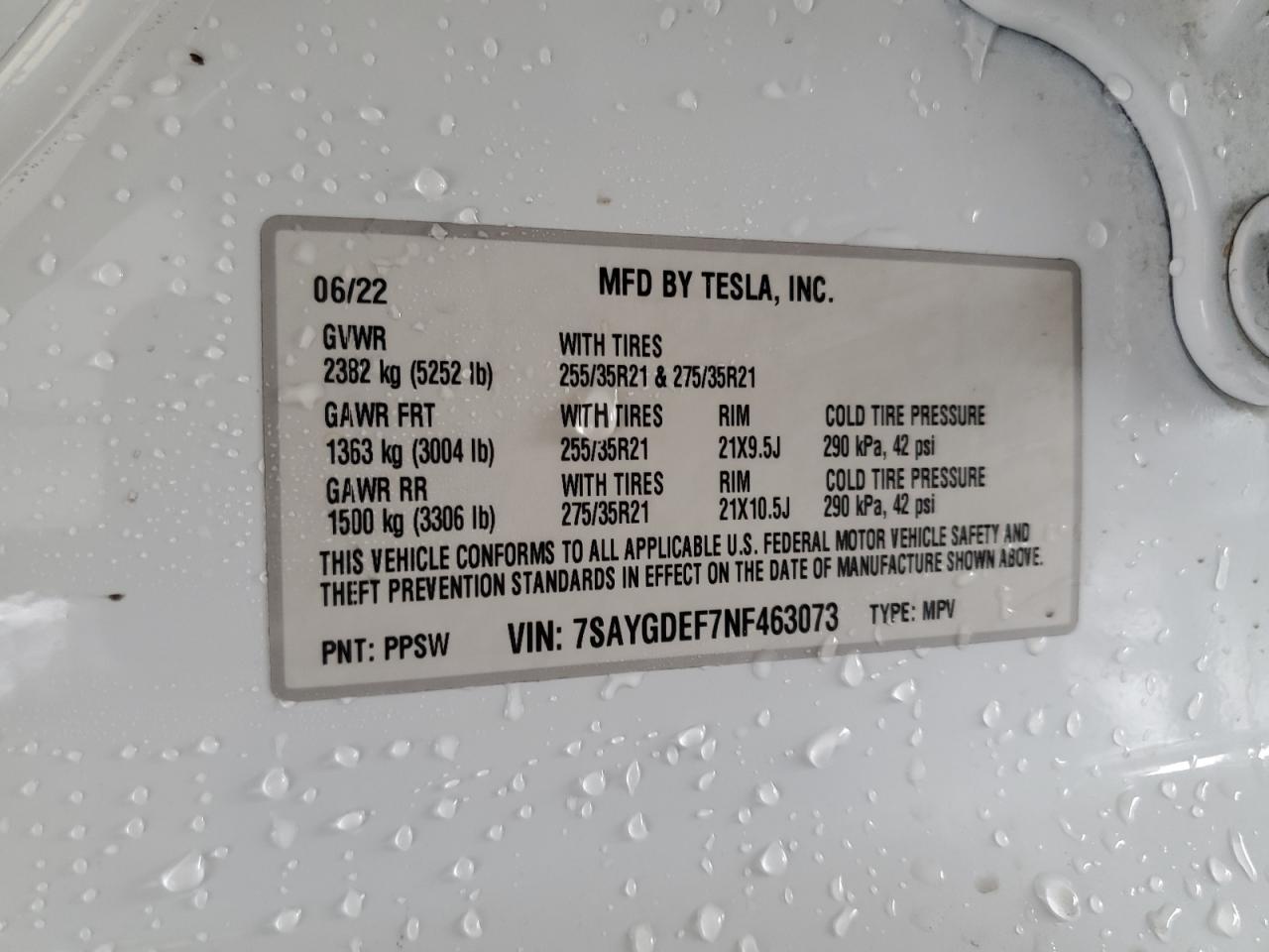 2022 TESLA MODEL Y VIN:7SAYGDEF7NF463073