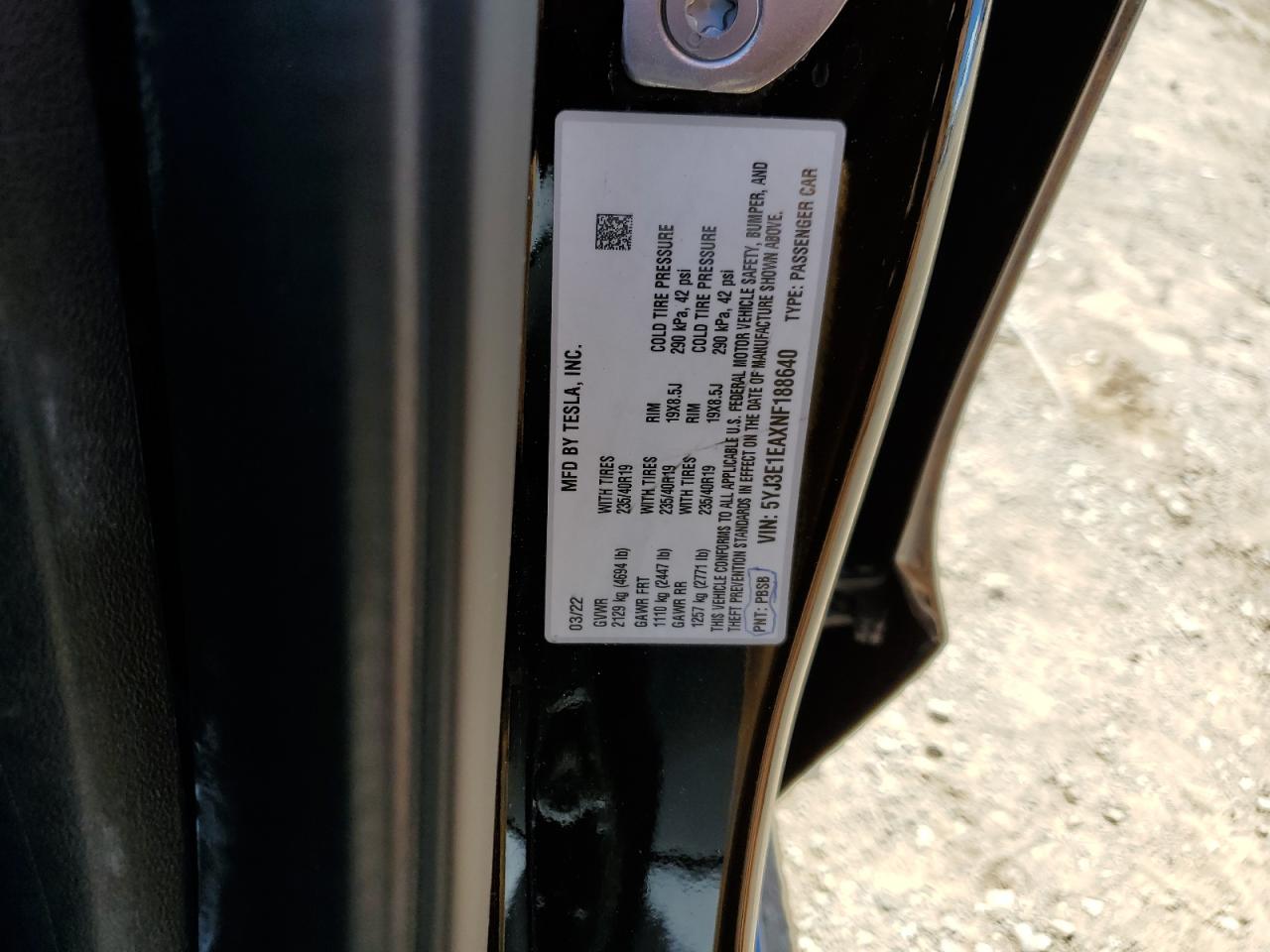 2022 TESLA MODEL 3 VIN:5YJ3E1EAXNF188640