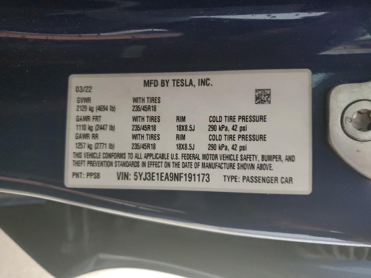 2022 TESLA MODEL 3 VIN:5YJ3E1EA9NF191173