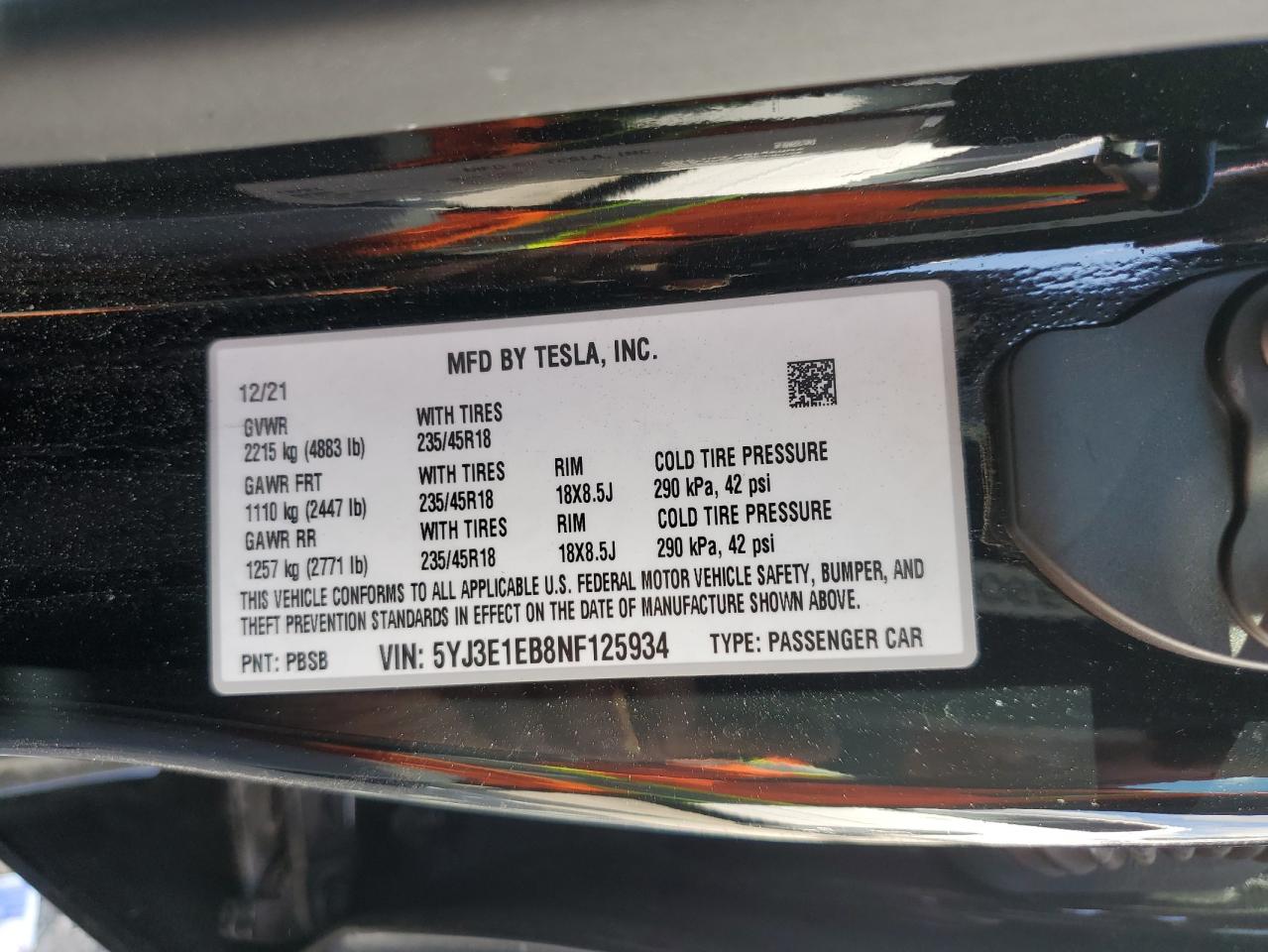 2022 TESLA MODEL 3 VIN:5YJ3E1EB8NF125934