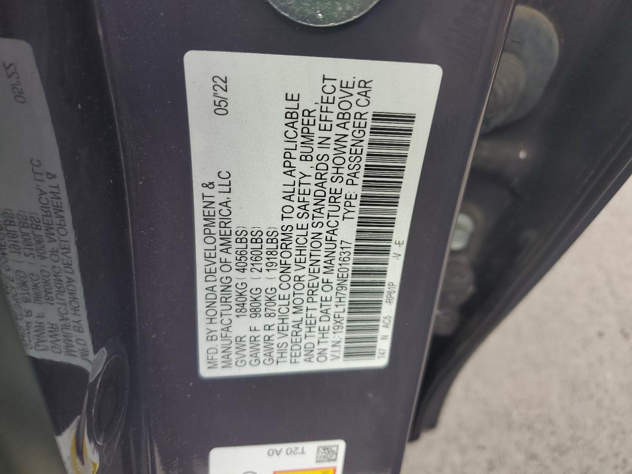 2022 HONDA CIVIC EXL VIN:19XFL1H79NE016317