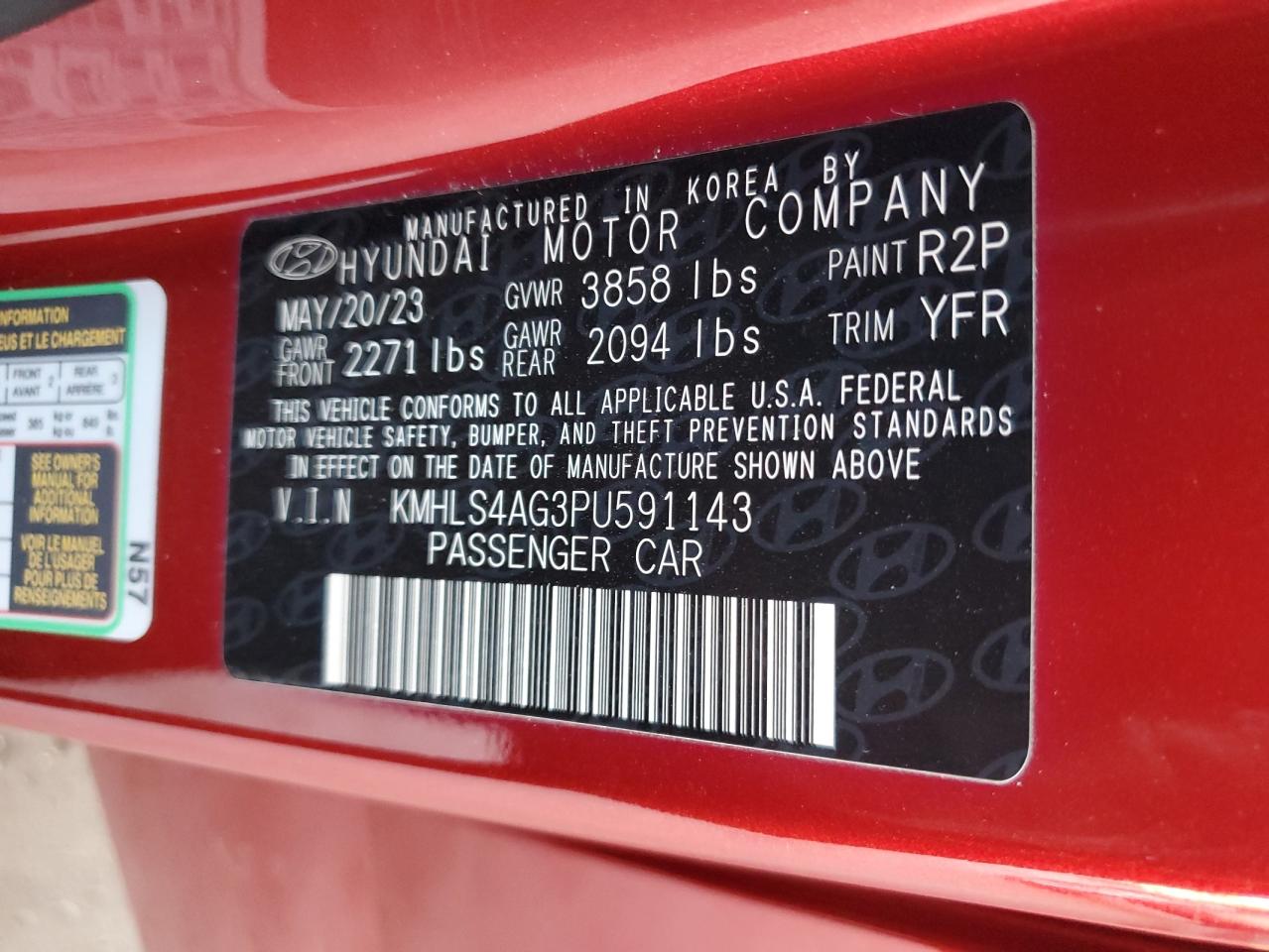 2023 HYUNDAI ELANTRA SEL VIN:KMHLS4AG3PU591143