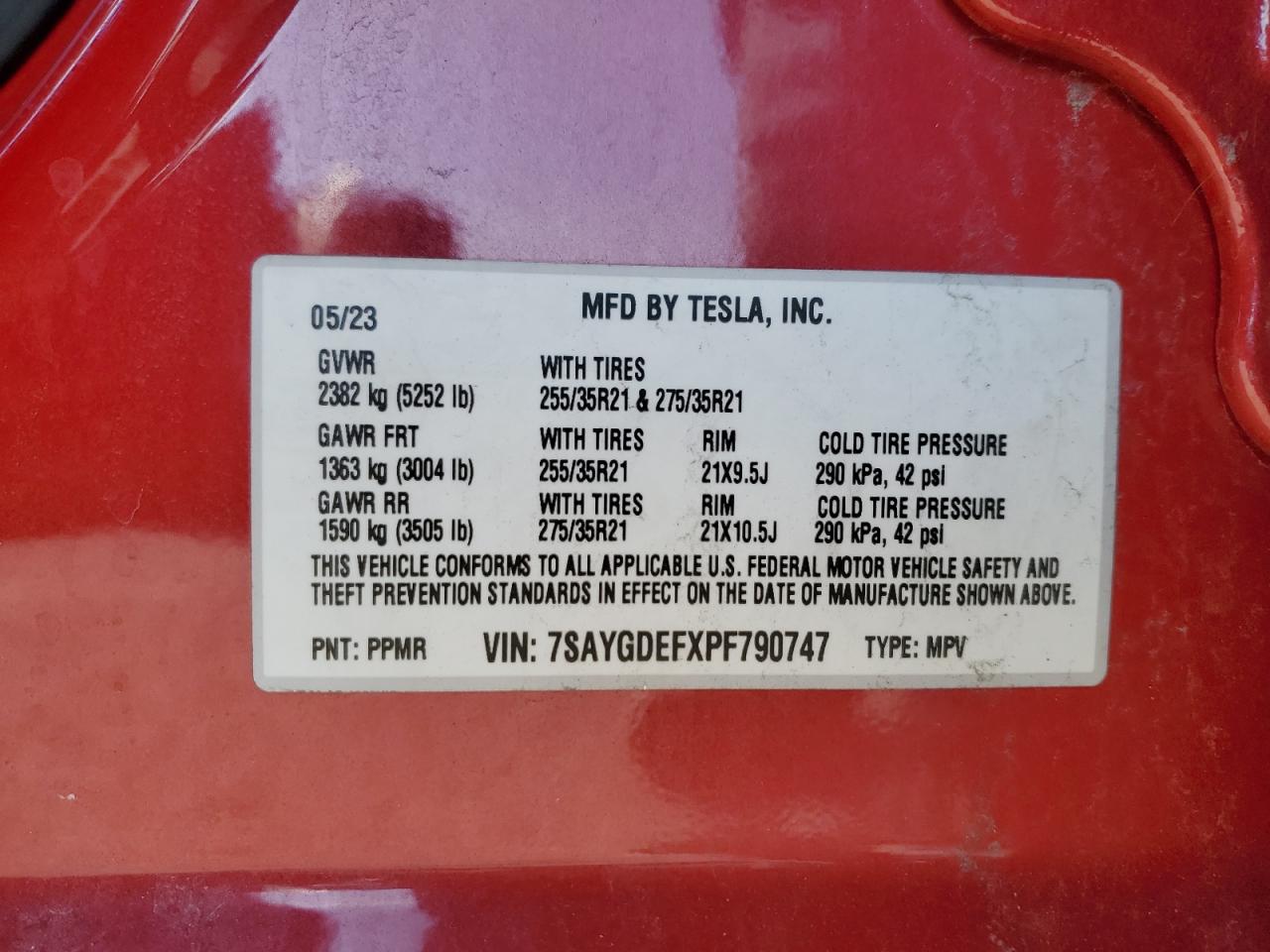 2023 TESLA MODEL Y VIN:7SAYGDEFXPF790747