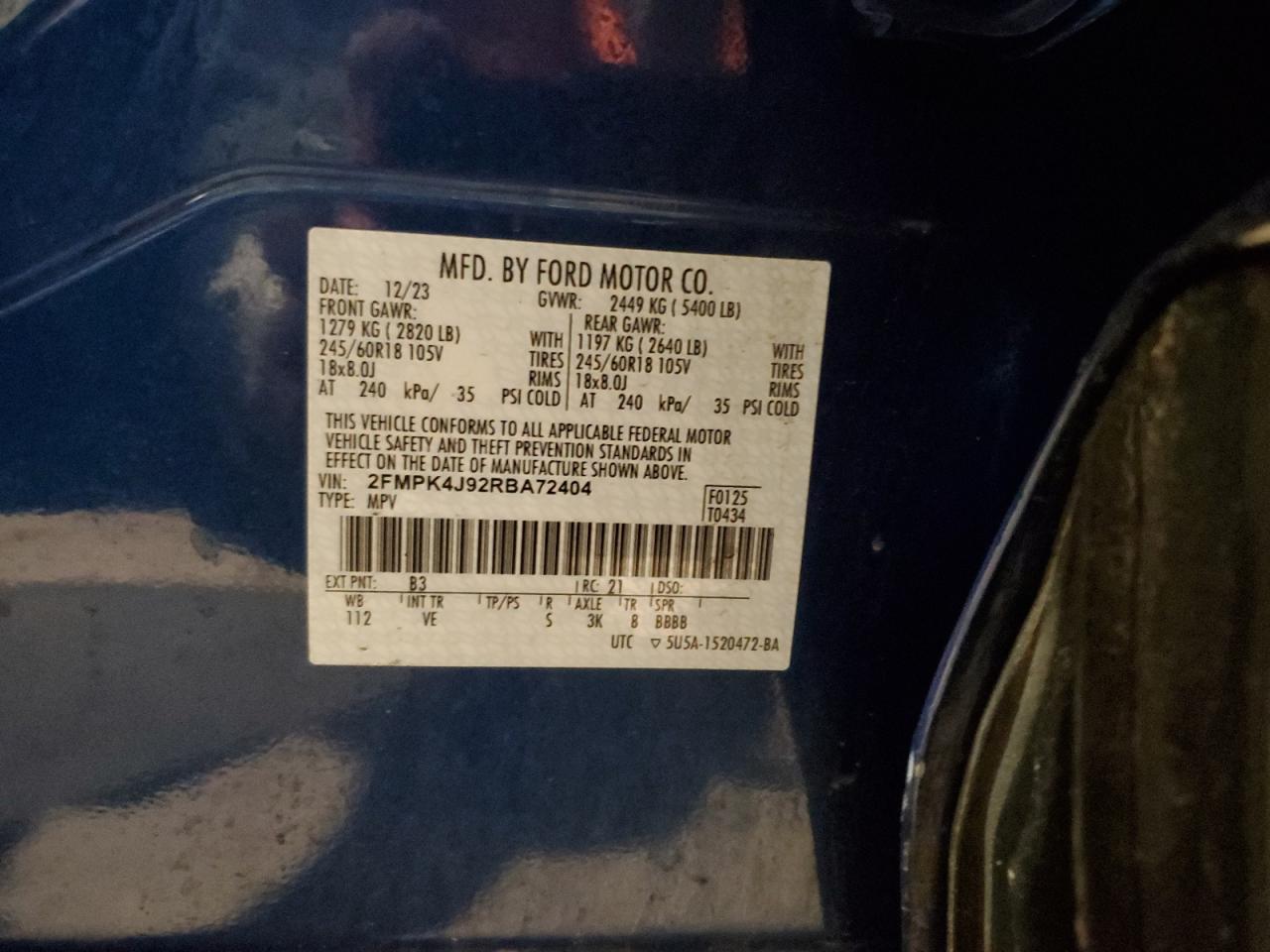 2024 FORD EDGE SEL VIN:2FMPK4J92RBA72404