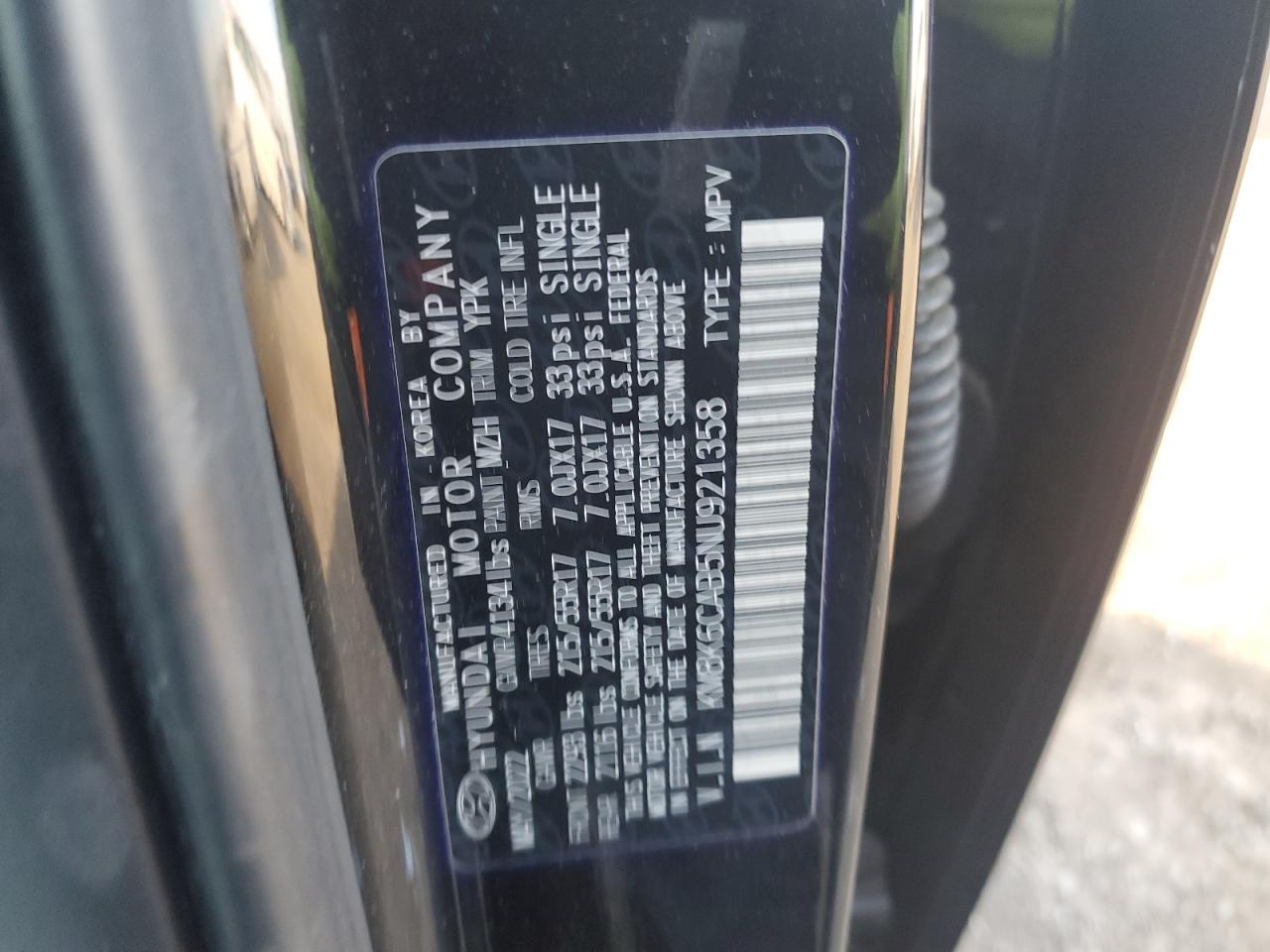 2022 HYUNDAI KONA SEL VIN:KM8K6CAB5NU921358