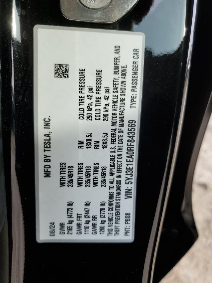 2024 TESLA MODEL 3 VIN:5YJ3E1EA0RF843569