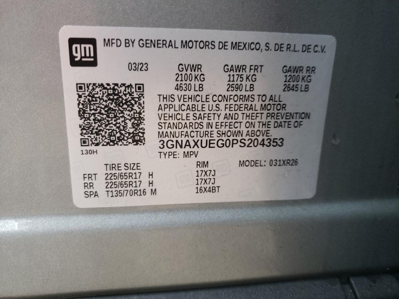 2023 CHEVROLET EQUINOX LT VIN:3GNAXUEG0PS204353