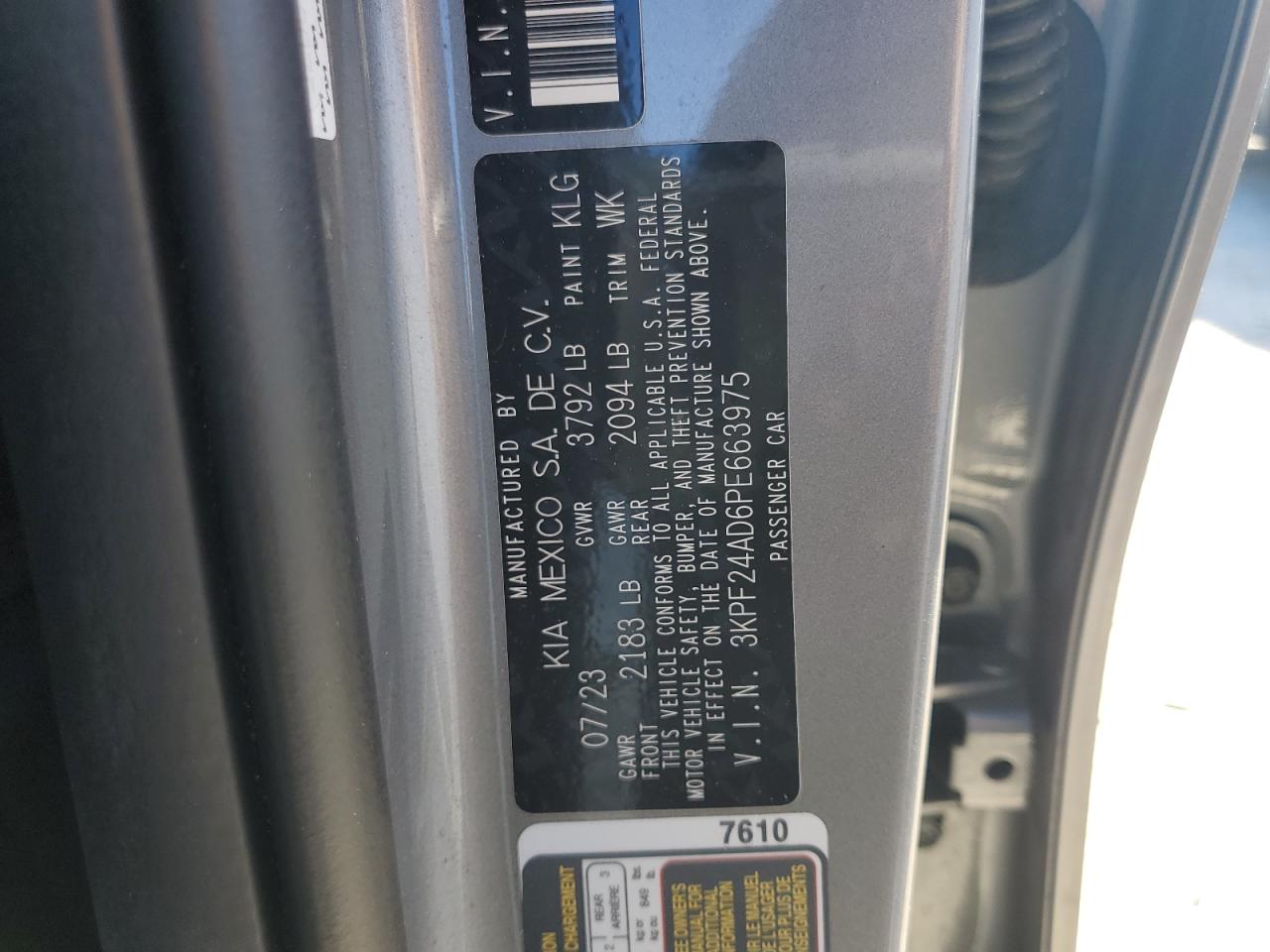 2023 KIA FORTE LX VIN:3KPF24AD6PE663975