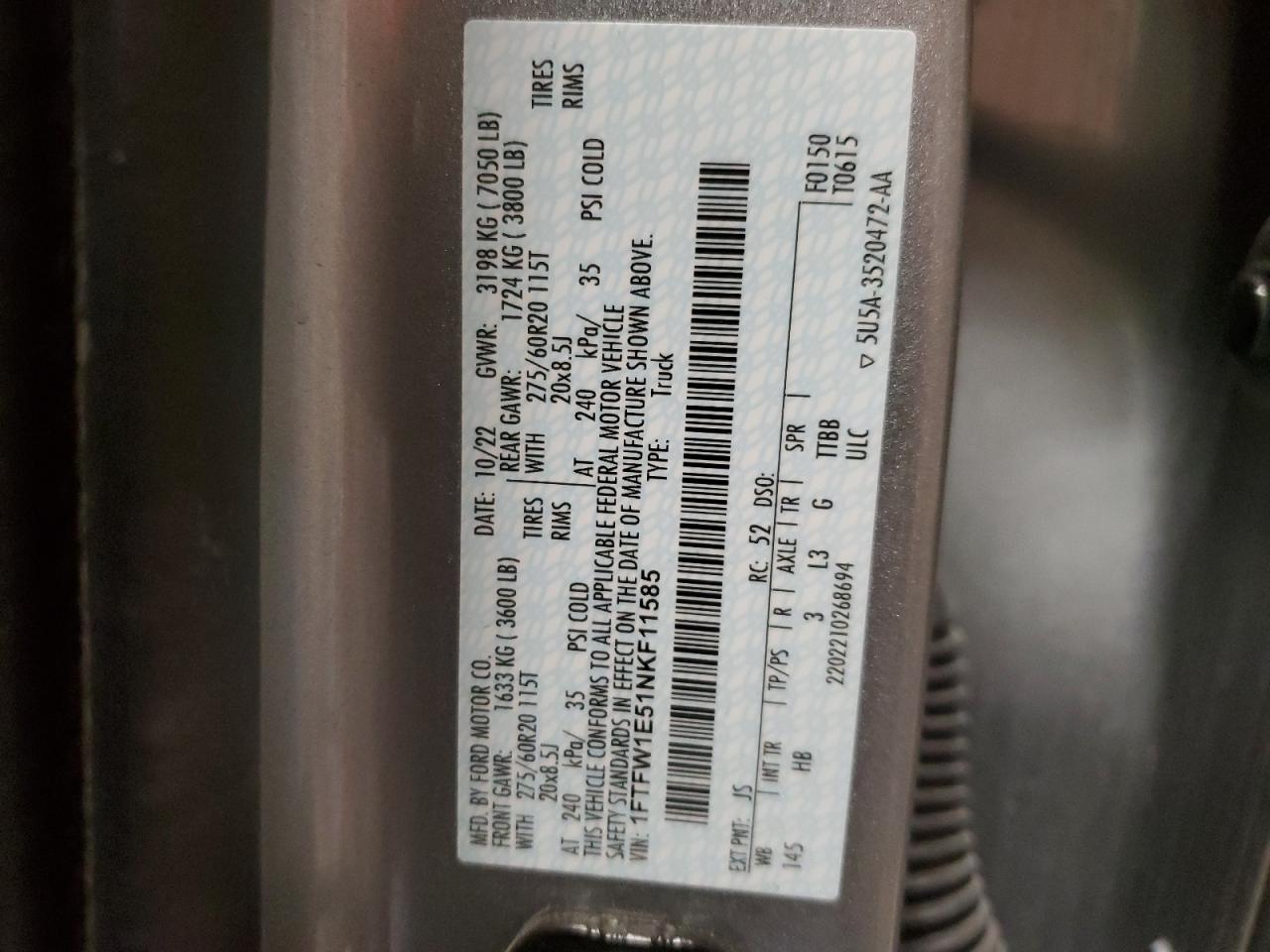 2022 FORD F150 SUPERCREW VIN:1FTFW1E51NKF11585