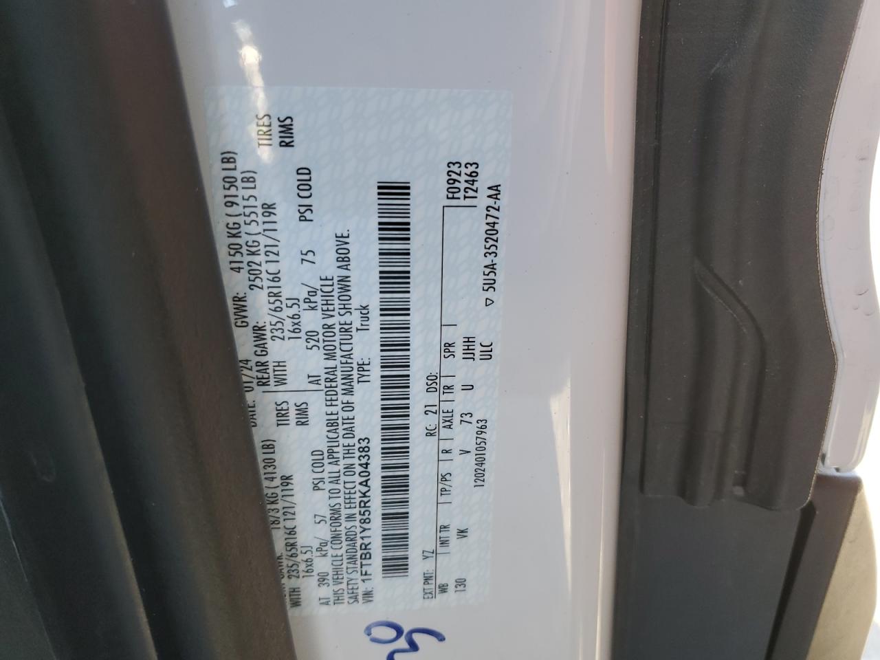 2024 FORD TRANSIT T-250 VIN:1FTBR1Y85RKA04383