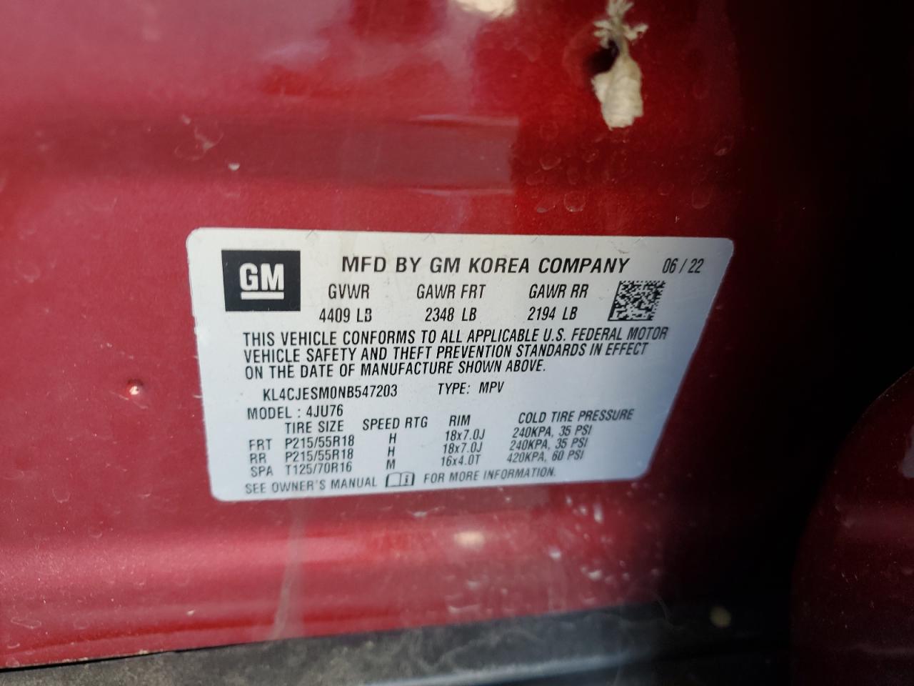 2022 BUICK ENCORE PREFERRED VIN:KL4CJESM0NB547203