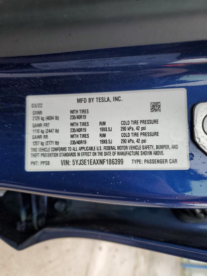 2022 TESLA MODEL 3 VIN:5YJ3E1EAXNF186399