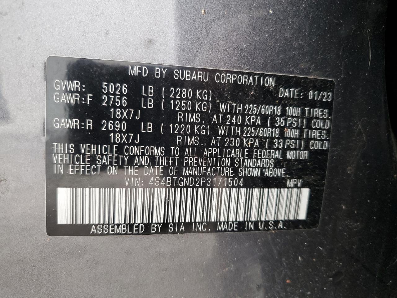 2023 SUBARU OUTBACK LIMITED XT VIN:4S4BTGND2P3171504