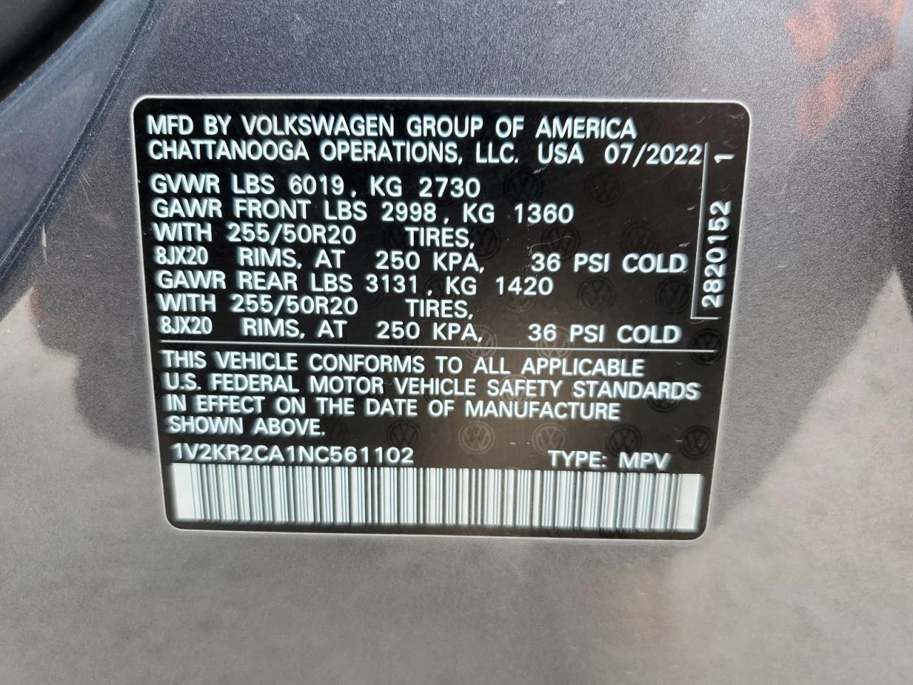2022 VOLKSWAGEN ATLAS SE VIN:1V2KR2CA1NC561102